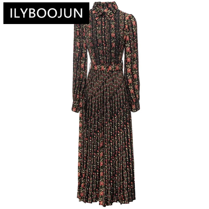 

Осеннее винтажное модное платье ILYBOOJUN 2024, женское однобортное длинное платье с длинным рукавом и поясом