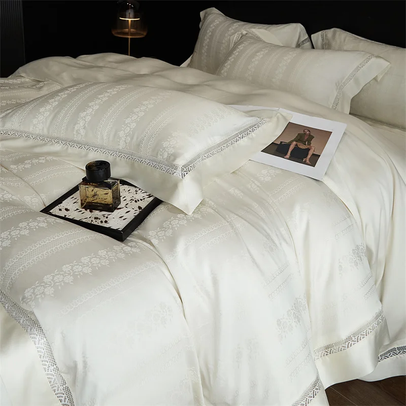 800TC Lyocell Fibre Jacquard Bedding Summer Soft Silky Hollow Out Lace Broad Side Duvet Cover Set Fitted Bed Sheet Pillowcases
800TC Lyocell Fibre Jacquard Bedding Summer Soft Silky Hollow Out Lace Broad Side Duvet Cover Set Fitted Bed Sheet Pillowcases