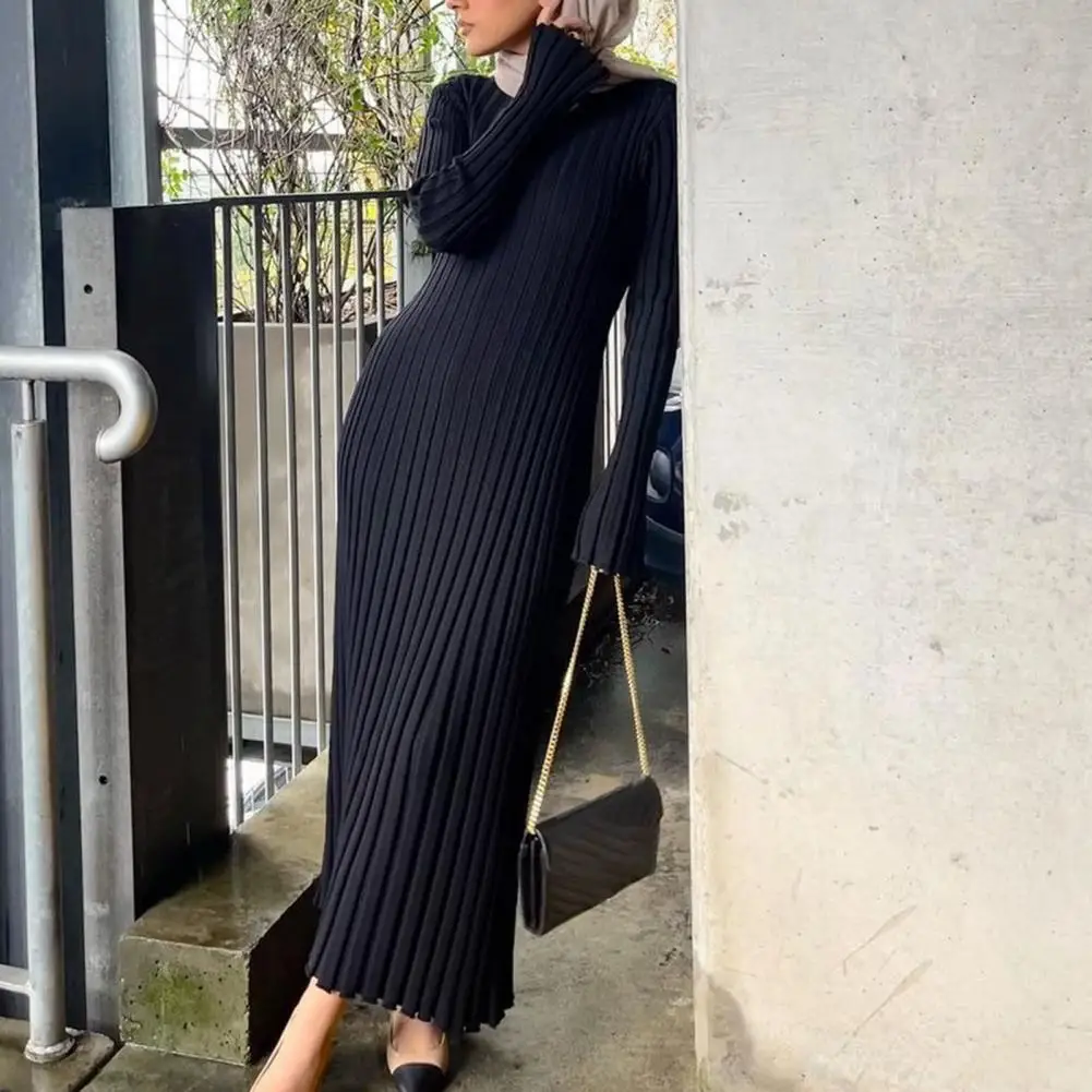 

Women Autumn Winter Knitting Dress O-neck Long Sleeve Waist Tight Maxi Dress Ribbed Slim Fit Long Dress