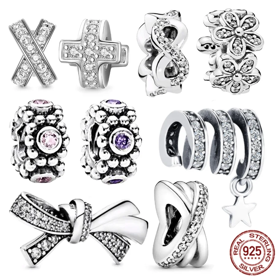 

DIY Jewelry Charm Sparkling Five Flower Bowknot Polished Lines Spacer Bead New 925 Sterling Silver Fit Original Pandora Bracelet