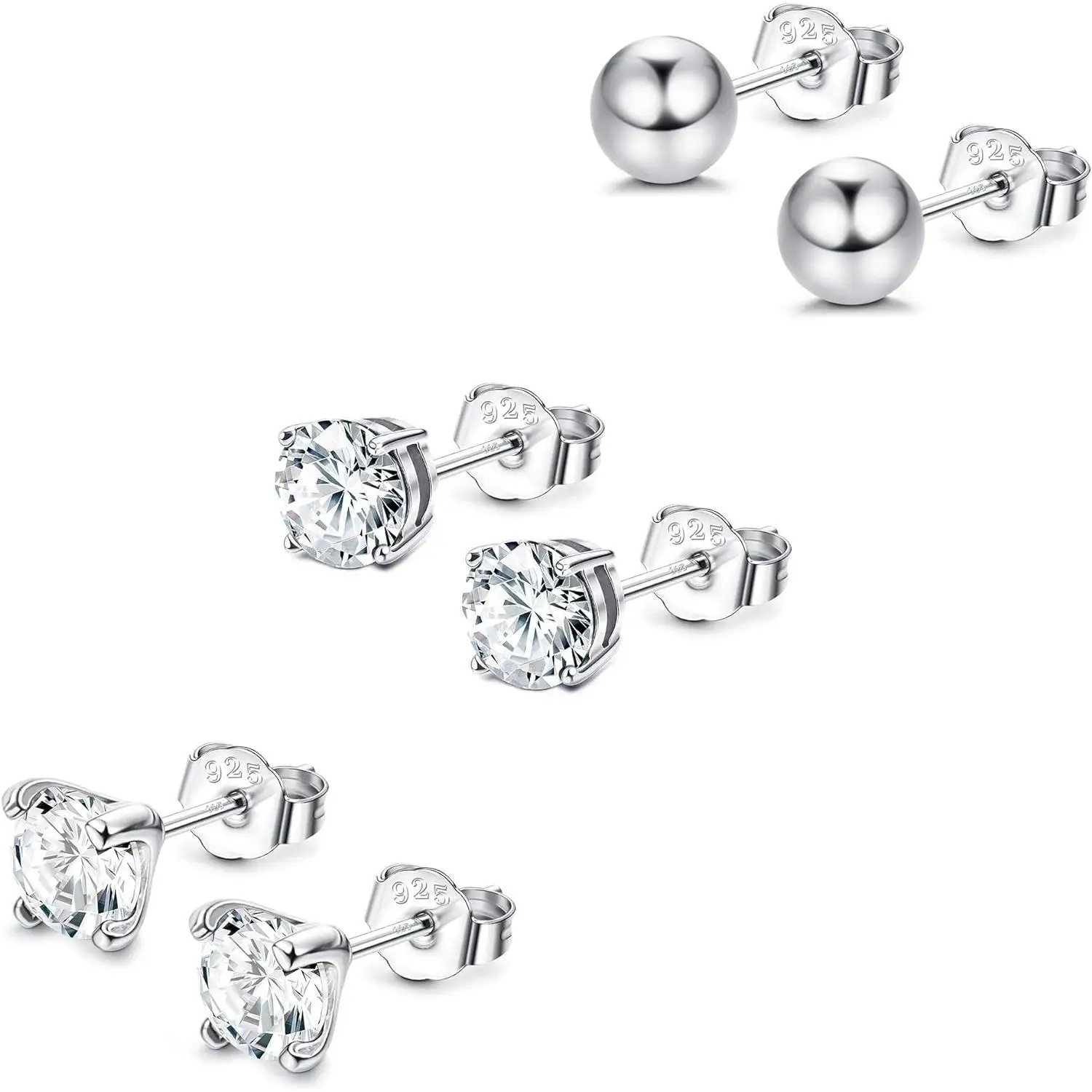 

Fansilver 3 Pairs 925 Sterling Silver Cubic Zirconia Stud Earrings Tiny Studs 18k White Gold Plated Ball Earring Studs