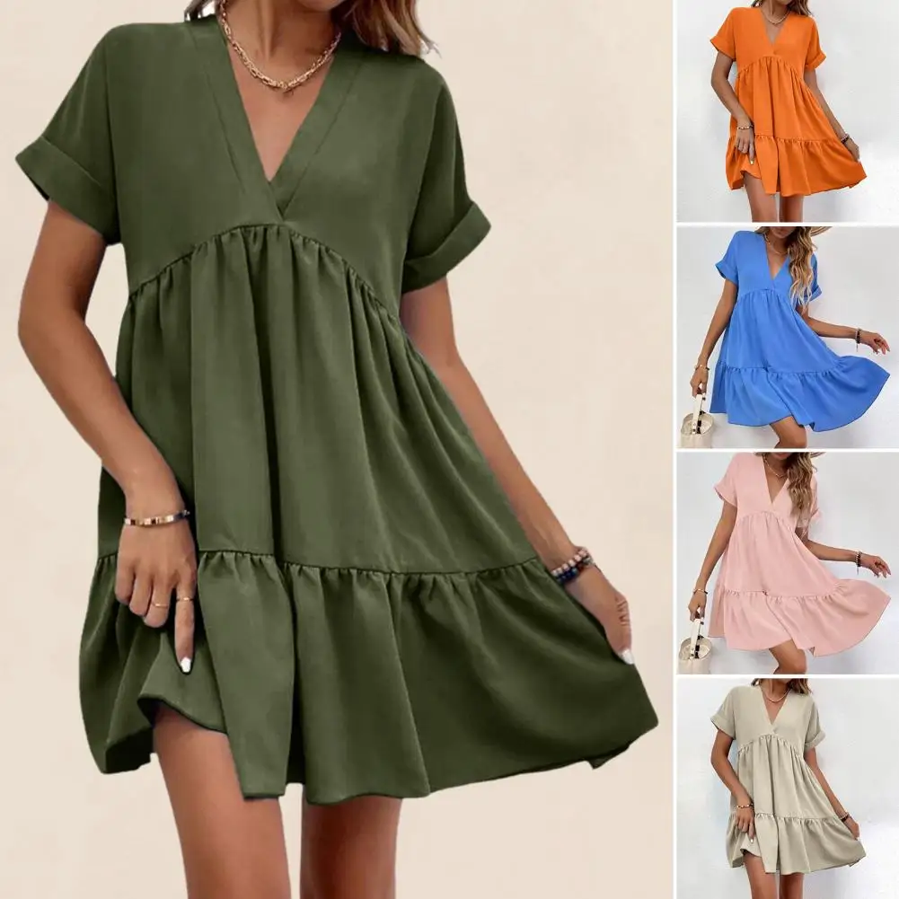

Solid Color Dress Stylish V Neck Summer Dress with Short Sleeves A-line Silhouette for Women Loose Fit Big Swing for Dating