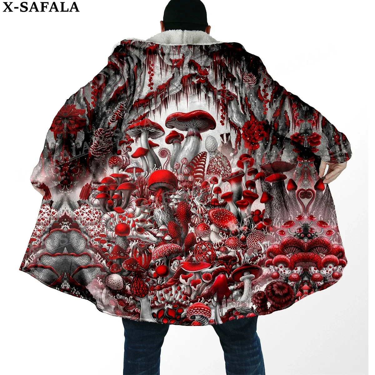 

Gothic Mushrooms Psychedelic Trippy Print Thick Warm Hooded Cloak Men Overcoat Coat Windproof Fleece Cape Robe Hooded Blanket-4