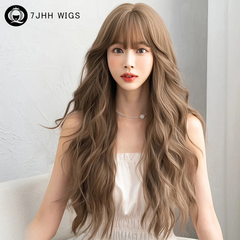 

7JHH WIGS Synthetic Body Wavy Honey Blonde Wig for Women High Density Layered Curly Hair Wigs with Fluffy Bangs Natural Looking