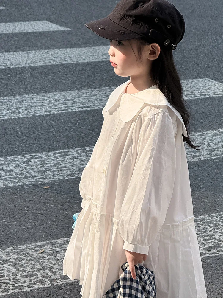 2025 Autumn New Girls Preppy Style Pleated Dress Solid Children Long Sleeve Dress Baby Girl Large Lapel Loose Dress Kids Clothes 18