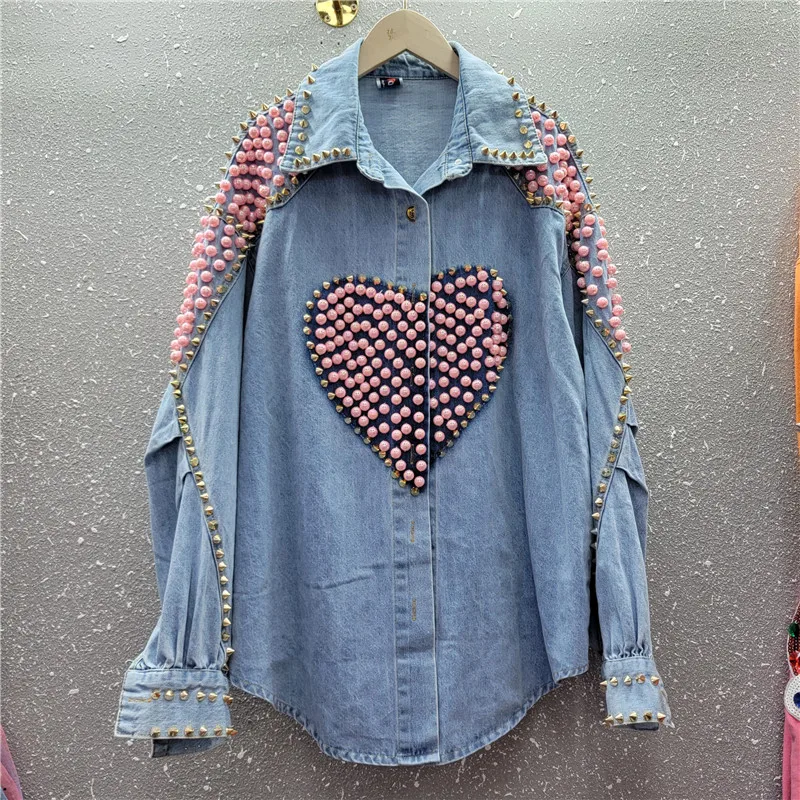 

Vintage Long Sleeve Loose Bohemia Long Sleeve Blusas Autumn Coat Casual Beading Rivet Heart Denim Shirts Jacekts for Women Tops