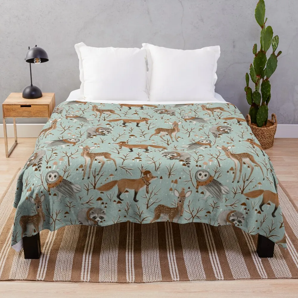

Winter woodland - azure Throw Blanket Bed covers Quilt Blanket