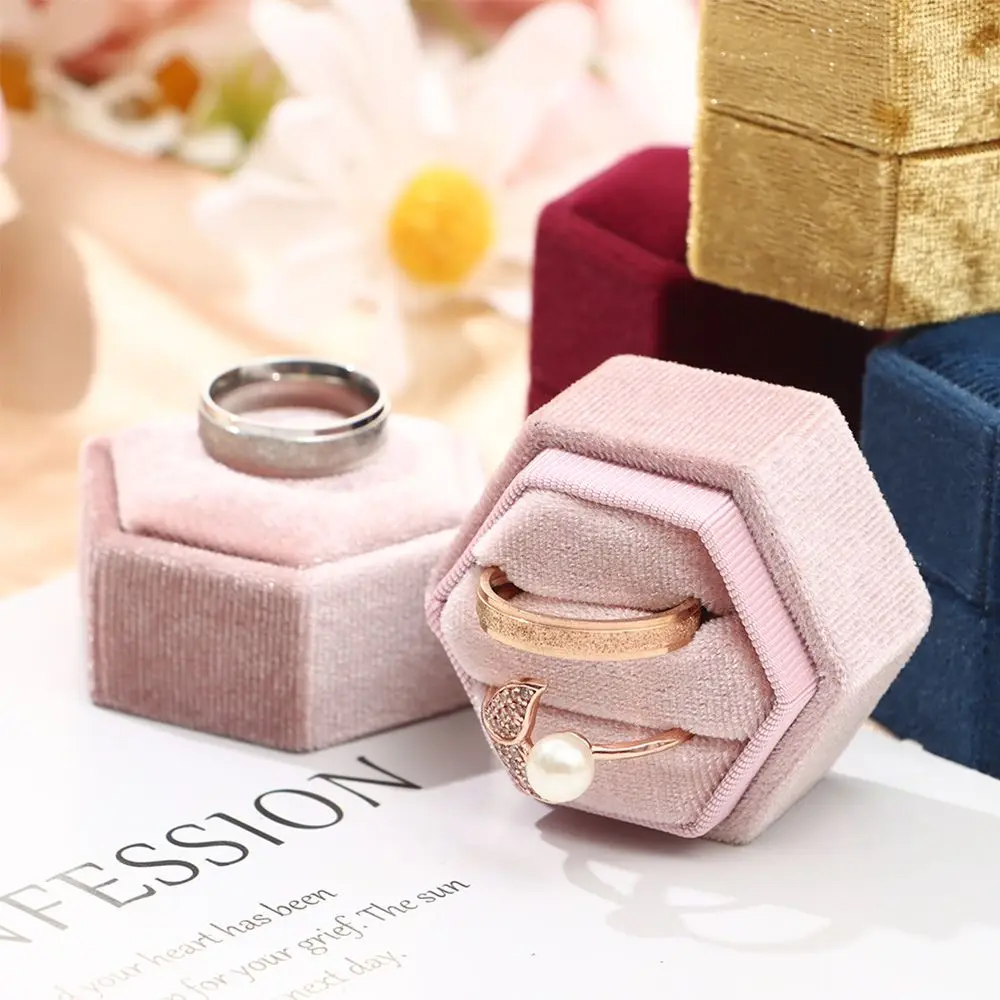 

Hexagon Shape Wedding Exquisite Double Ring Storage Box Ring Display Box Velvet Jewelry Box Earrings Storage Box