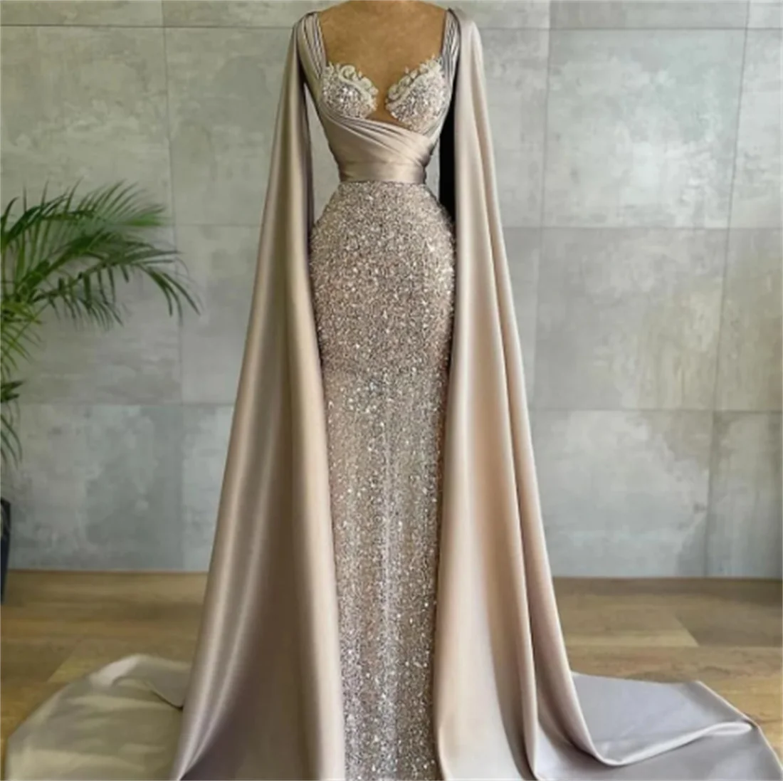 

Luxury Arabic Glitter Sequined Evening Dress For Women With Cape Ruched High Quality Lace Appliques Sweetheart Formal Prom Gown
