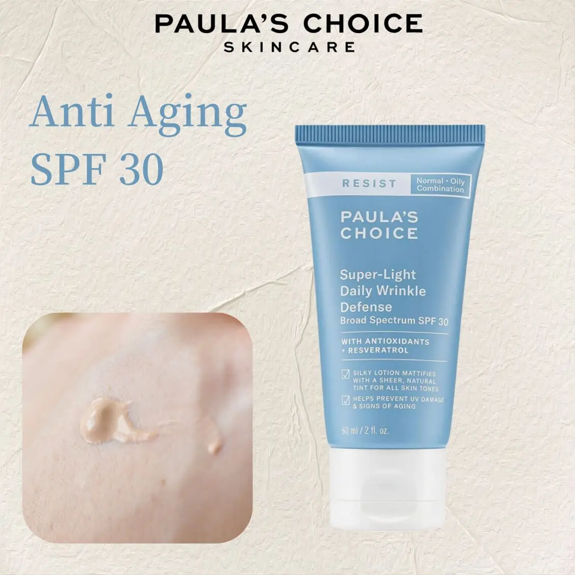 

Paulas Choice RESIST Super-Light Daily Wrinkle Defense 60ml SPF 30 With Antioxidants + Resveratrol Matte No-Tinted Sunscreen