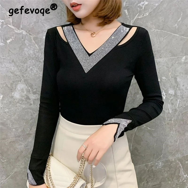 Sexy V Neck Hollow Rhinestone Elegant Chic Fashion Basic Ladies Tops Women's Casual Black Long Sleeve Slim T-shirt Clothing 2023
Sexy V Neck Hollow Rhinestone Elegant Chic Fashion Basic Ladies Tops Women's Casual Black Long Sleeve Slim T-shirt Clothing 2023