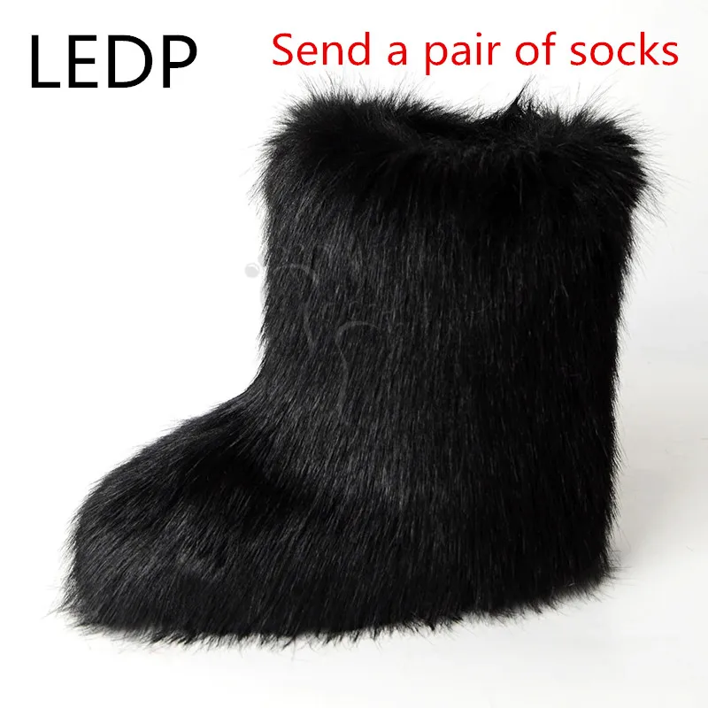 

LEDP Winter Y2K Fuzzy Boots Women Furry Shoes Fluffy Fur Snow Boots Plush lining Slip-on Rubber Bowtie Warm Ladies Footwear