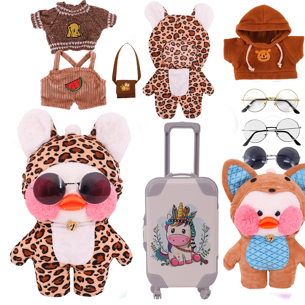 

30Cm Lalafanfan Yellow Duck Plush Animal Clothes Brown Series Kawaii Cute Hoodie Sweater Bag Glasses Headdress Children Gifts