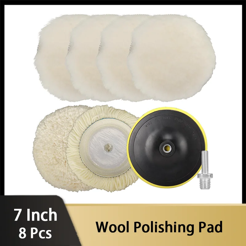 

7 Inch Wool Polishing Buffing Wheel Kit with M14 Drill Adapter 8 Pcs for Drill Wool Pads Pads Woolen Polishing Waxing Pads