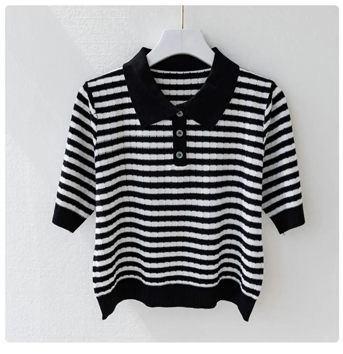 Fashion Women Short Sleeve Striped Knitted Polo Shirts Spring Summer All-match Tees Female Clothing New Pullover Bottoming Tops 44 Se661d14c5d9b42ff993f9c0c98e3880at