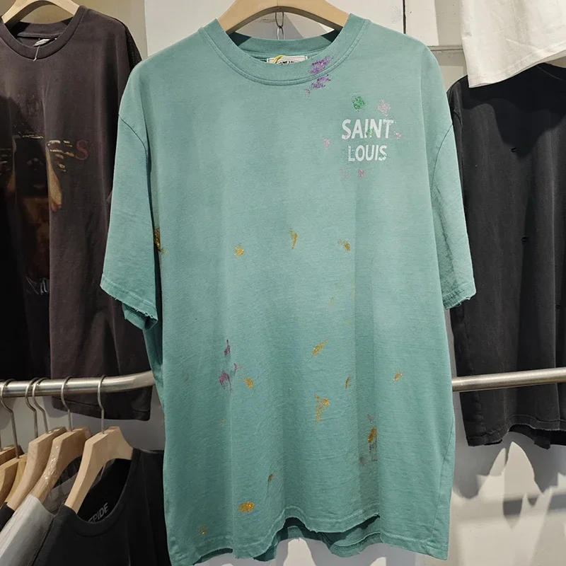 

Saint Louis Washed Blue Gradient Glitter Pink Letters Distressed Holes Retro Casual Loose Short Sleeved T-shirt Tee