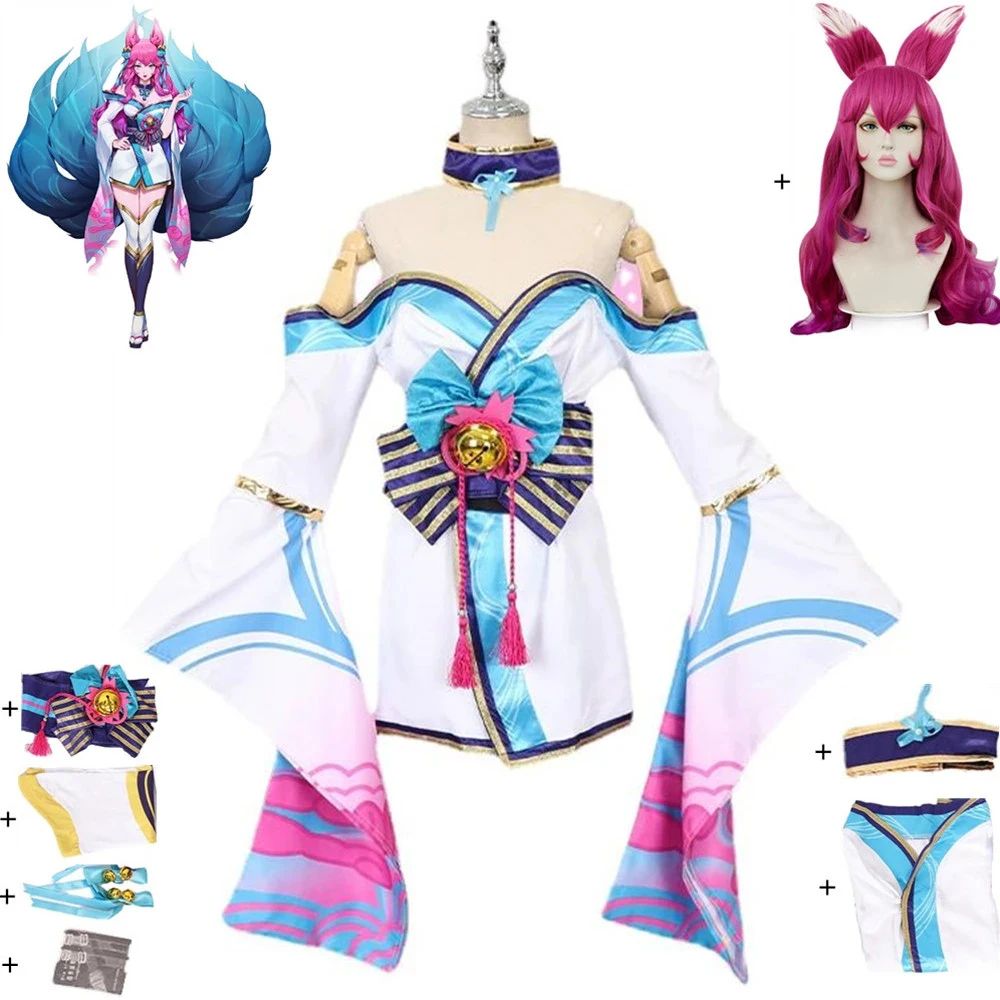 

Ahri Cosplay Costume Anime Game LOL The Nine-Tailed Fox Spirit Blossom Adult Dress Halloween Sexy Woman Kimono Suit Wig