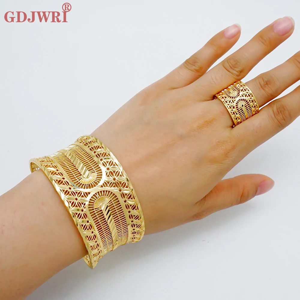 

Trendy Copper African Adjustable Gold Color Leaves Cuff Bracelet & Ring Moroccan France Bangle For Bridal Arabic Luxury Jewelry