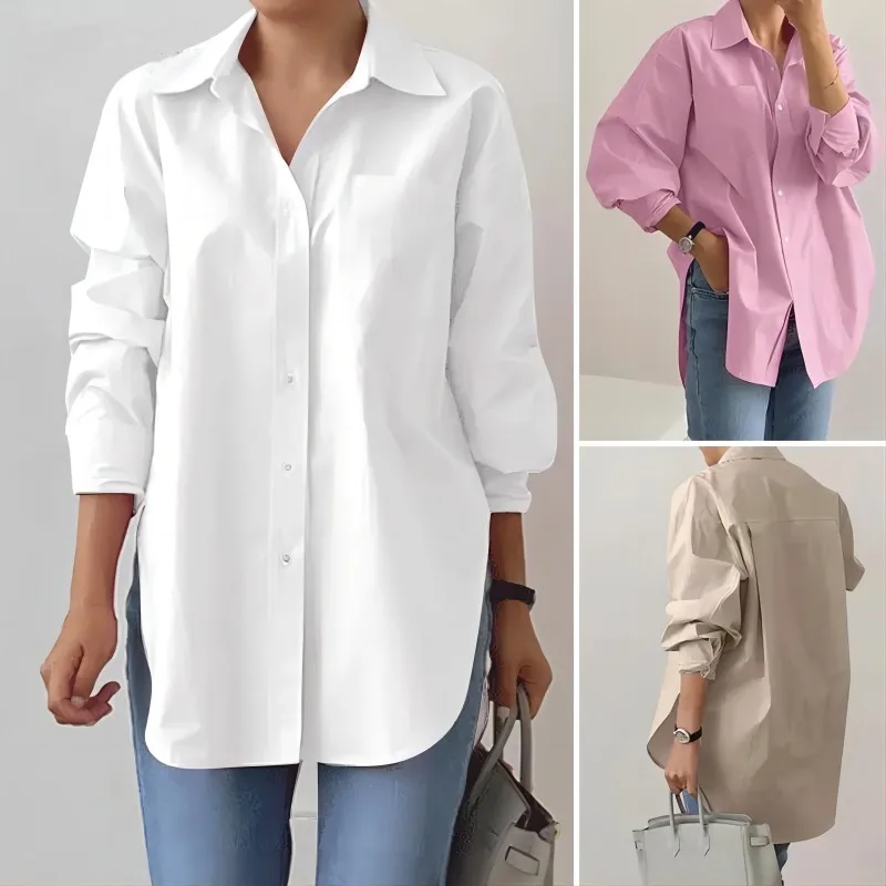 2024 Elegant Lapel Ladies Long Sleeve Shirt Fashion Women's Spring and Autumn Solid Color Split Hem Oversized OL Work Shirt
2024 Elegant Lapel Ladies Long Sleeve Shirt Fashion Women's Spring and Autumn Solid Color Split Hem Oversized OL Work Shirt
