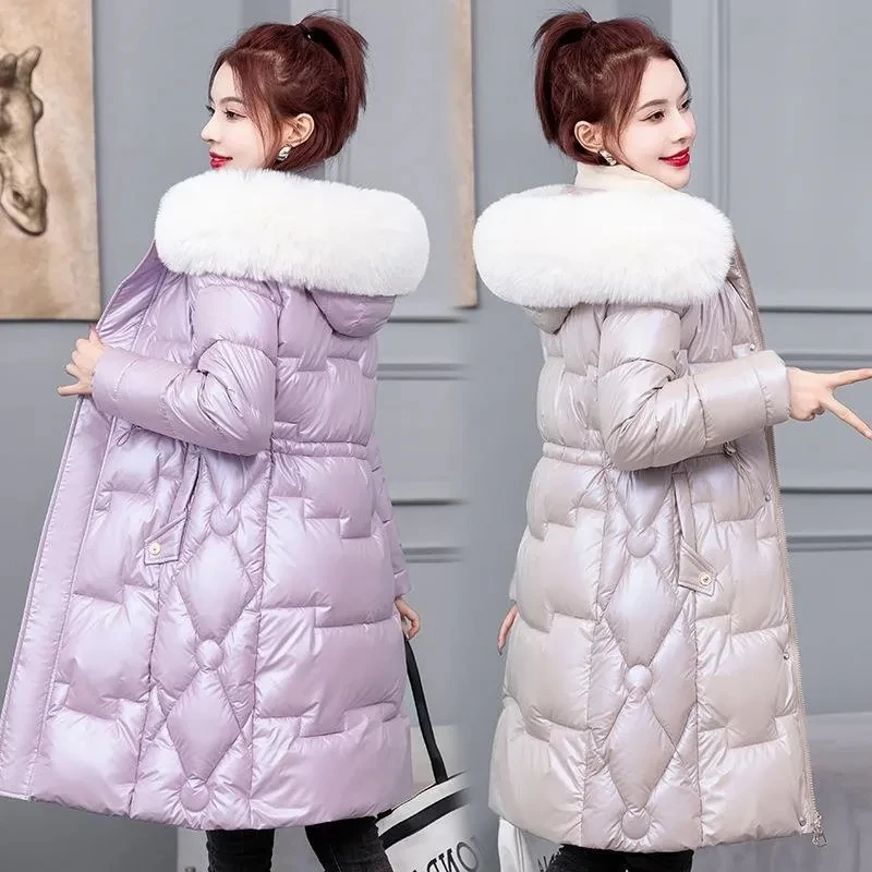 

2023 Winter New Fashion Glossy Hooded Jacket Women Parkas Long Down Cotton Overcoat Female Casual Thick Warm Outwear Coat