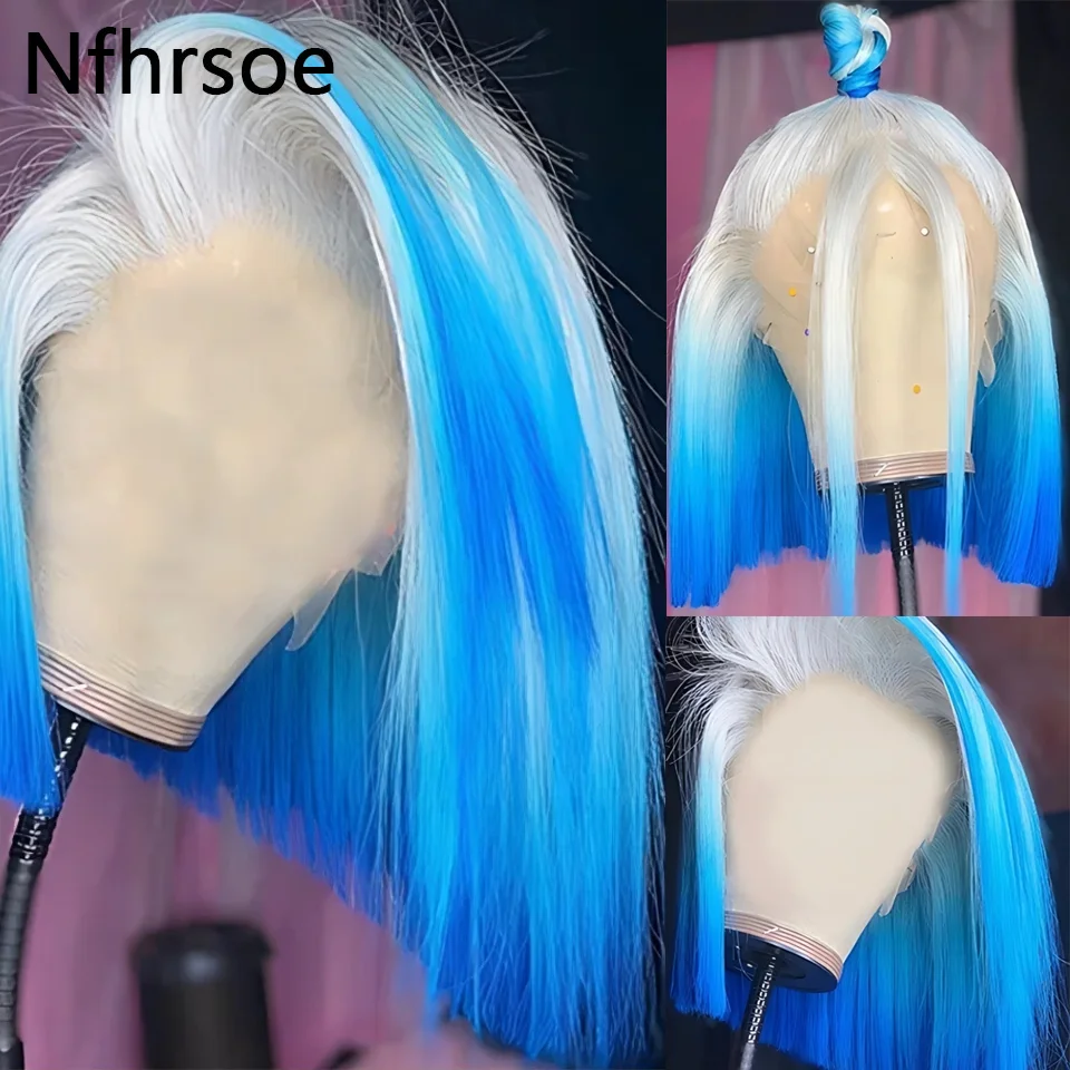 

Blue 60 Platinum Colored Short Bob Wig 180% Density White Blonde 13x4 Lace Front Human Hair Wigs HD Transparent Lace Frontal Wig