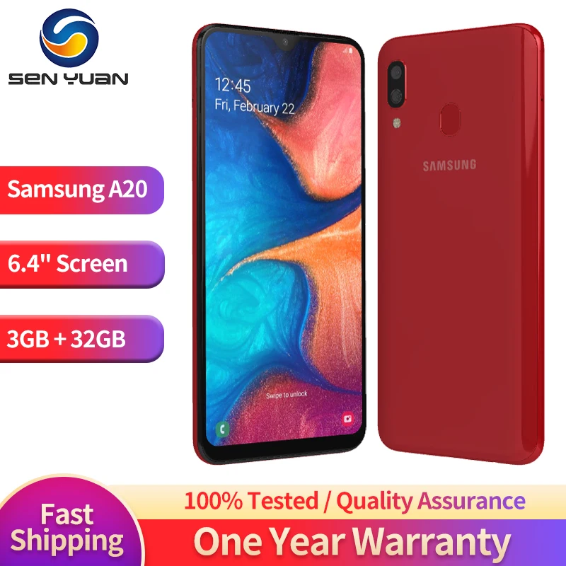 

Original Samsung Galaxy A20 A205U 4G Mobile Phone Single/Dual SIM 6.4'' 3GB RAM 32GB ROM CellPhone 13MP+8MP Android SmartPhone