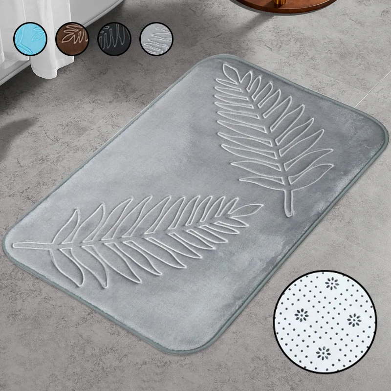 

Embossed Leaf Bath Mat Coral Fleece Bathroom Carpet Toilet Floor Mat Water Absorption Non-slip Foam Absorbent Washable Rug