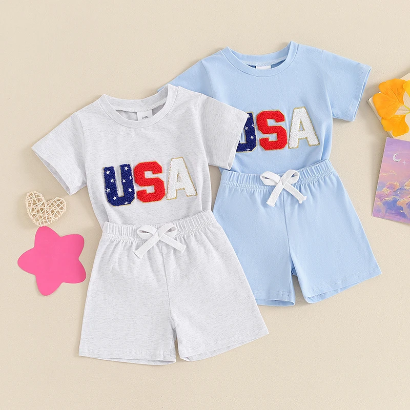 

2024-03-07 Lioraitiin 3M-3Y Toddler Baby Boy 4th of July Outfits Short Sleeve Letter Embroidery Tops + Shorts Set Summer Clothes