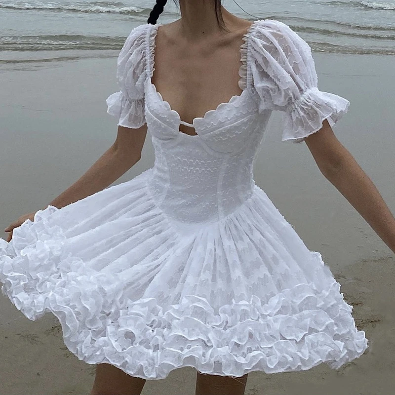 

ZCSMLL Bubble Sleeve Petal Dress 2022 Summer Wood Ear Thin Square Neck Fluffy Sleeve Solid Color Fashion Vintage White Dress