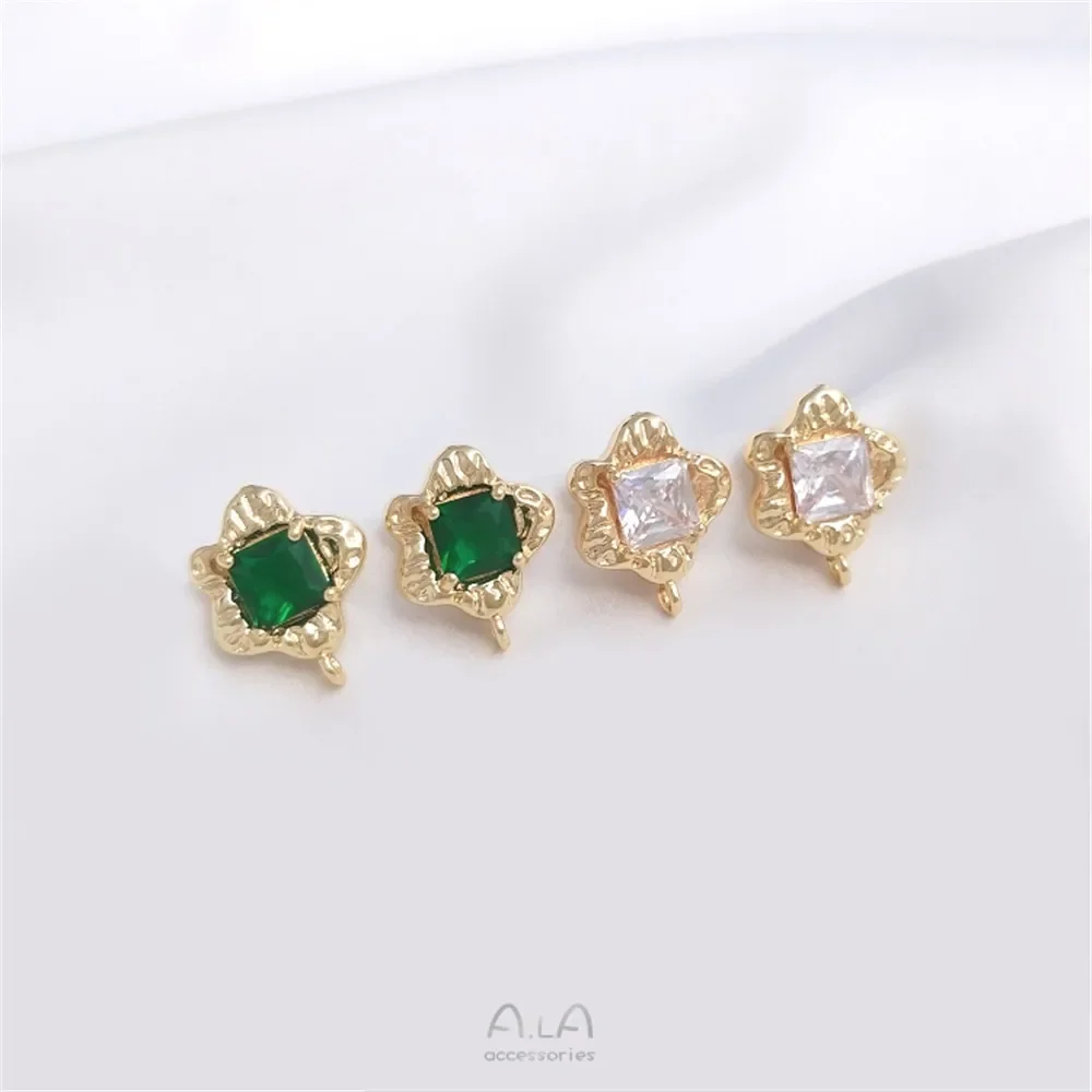 

14K gold inlaid square zircon small flower with sling ring ear studs 925 silver needle earrings ear accessories