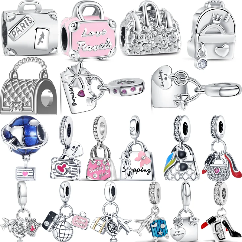 

925 Sterling Silver Shopping Bag Wrapped Suitcase Love Travel Pendant Fine Beads Fit Original Pandora Charm Bracelet DIY Jewelry