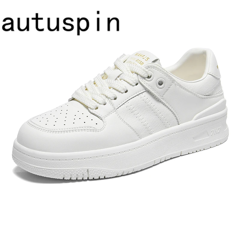 

AUTUSPIN 3.5cm Women White Sneakers Fashion Flat Sports Shoes Students Genuine Leather Leisure Skate Board Shoes Mixed Colors