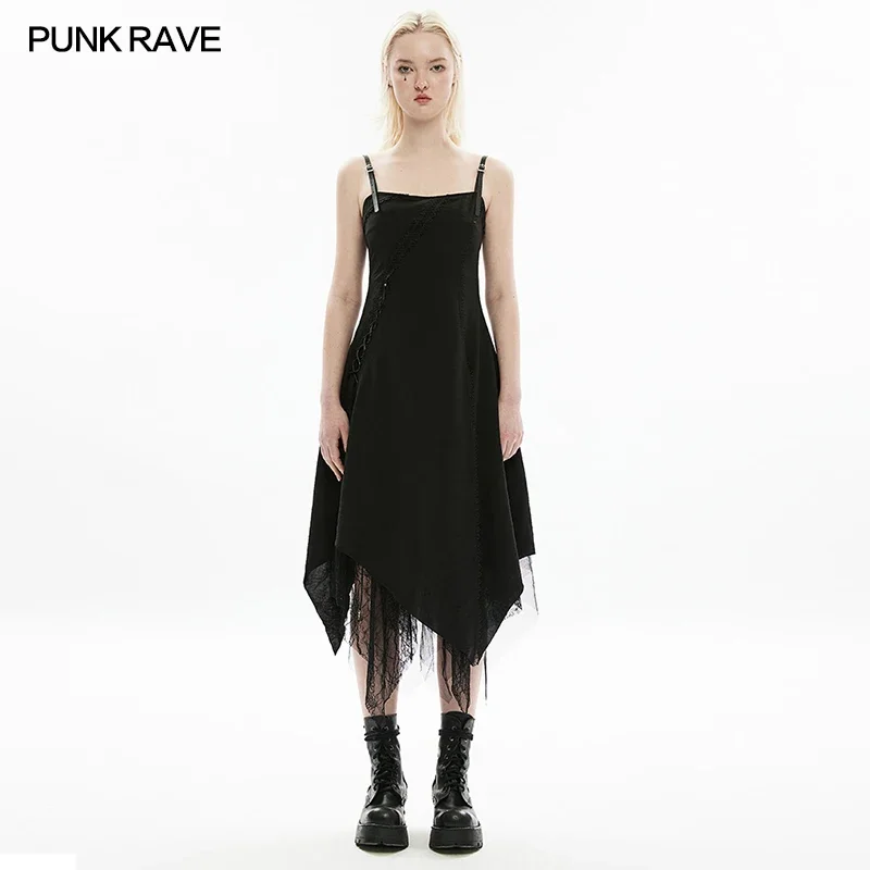 

PUNK RAVE Women's Dark Chiffon Splicing Long Slip Dress 3D Lace Decoration Gothic Daily Irregular Layered Skirt Hems Dresses