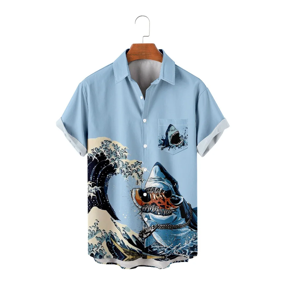 

Мужская Повседневная пляжная рубашка, голубая гавайская рубашка с принтом акулы, короткими рукавами, пуговицами и лацканами, лето
