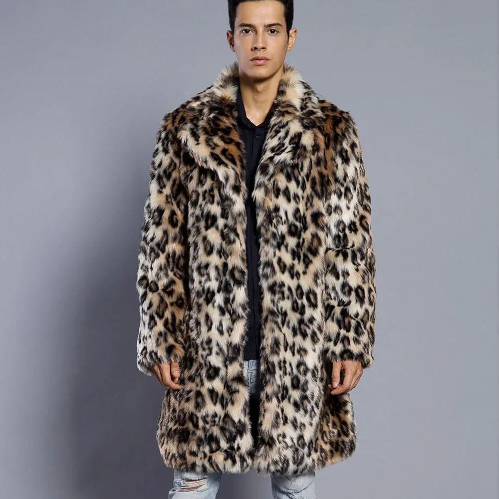 

Men Leopard Faux Fox Fur Jacket Coat Winter Thicken Fluffy Warm Shaggy Outerwear Luxury Fur Long Jacket Bontjas Jackets Mens