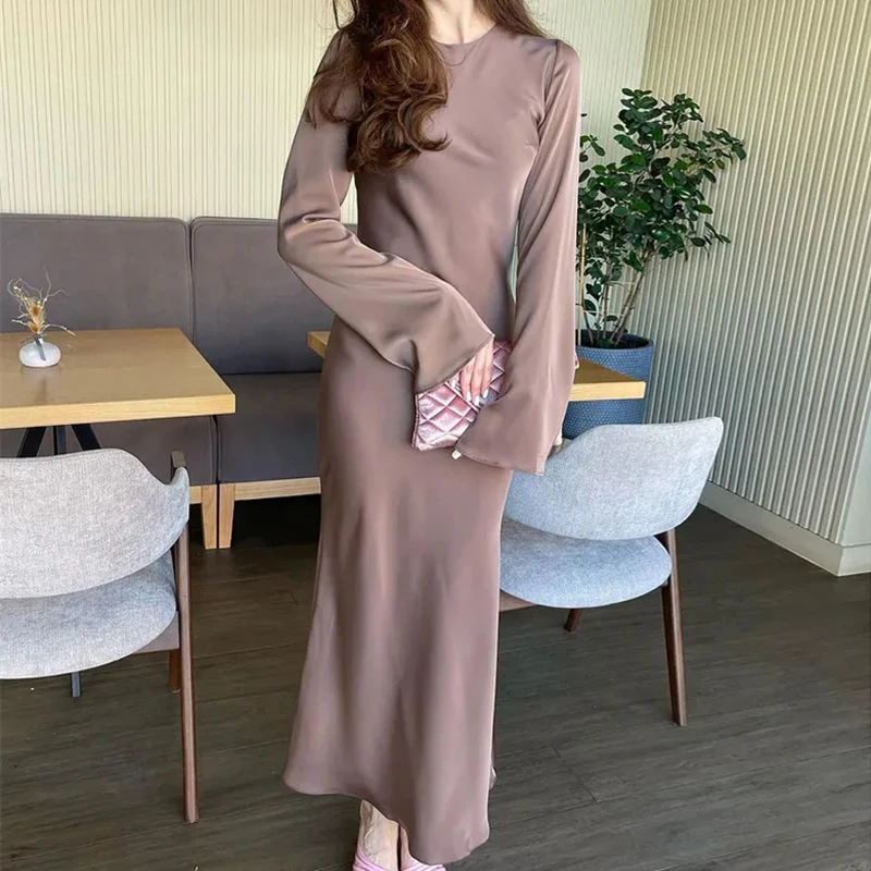 

New Summer Women's Satin Fashion Slim Maxi Dress Long Sleeve High Waist Elegant Solid Party Dress Casual Luxury Ladies