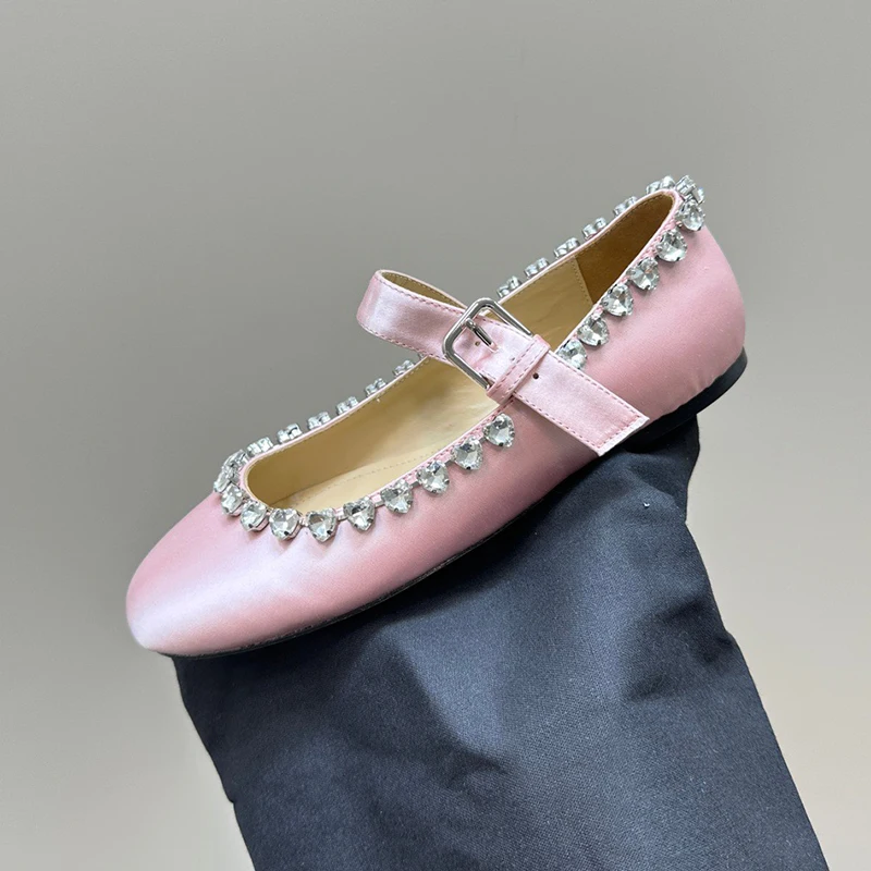 

Women Ballet Flat Shoes Summer 2024 New Crystal Decor Round Head Leisure Shoes Buckle Design Strap Anti-Odor Female Loafers