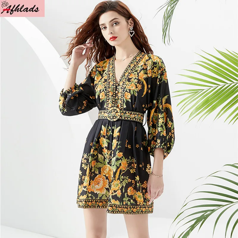 Summer And Autumn Holiday V-Neck Lantern Three Quarter Sleeve Printed Mini Dress High Waist Beach Women's Clothing
Summer And Autumn Holiday V-Neck Lantern Three Quarter Sleeve Printed Mini Dress High Waist Beach Women's Clothing