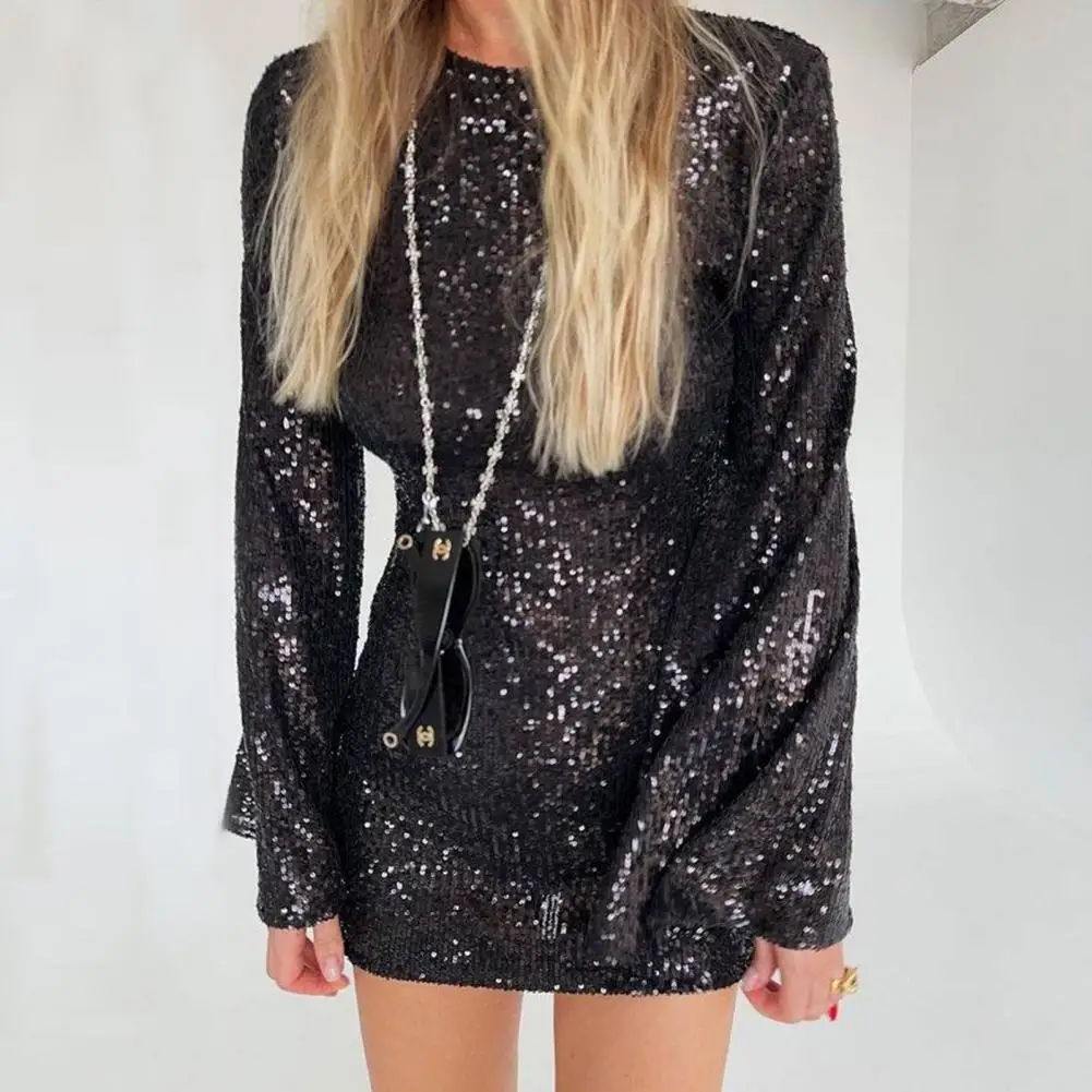 

Women Dress Shiny Sequin Round Neck Slim Fit Long Horn Sleeve Solid Color Above Knee Length Tight Waist Prom Party Mini Dress