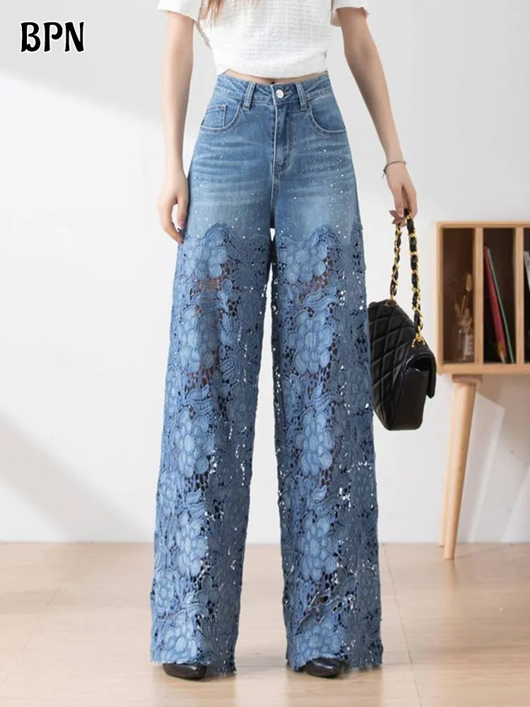 BPN Fashion Hollow Out Jeans For Women High Waist Solid Patchwork Lace Casual Loose Wide Leg Denim Trousers Female Clothing New
BPN Fashion Hollow Out Jeans For Women High Waist Solid Patchwork Lace Casual Loose Wide Leg Denim Trousers Female Clothing New