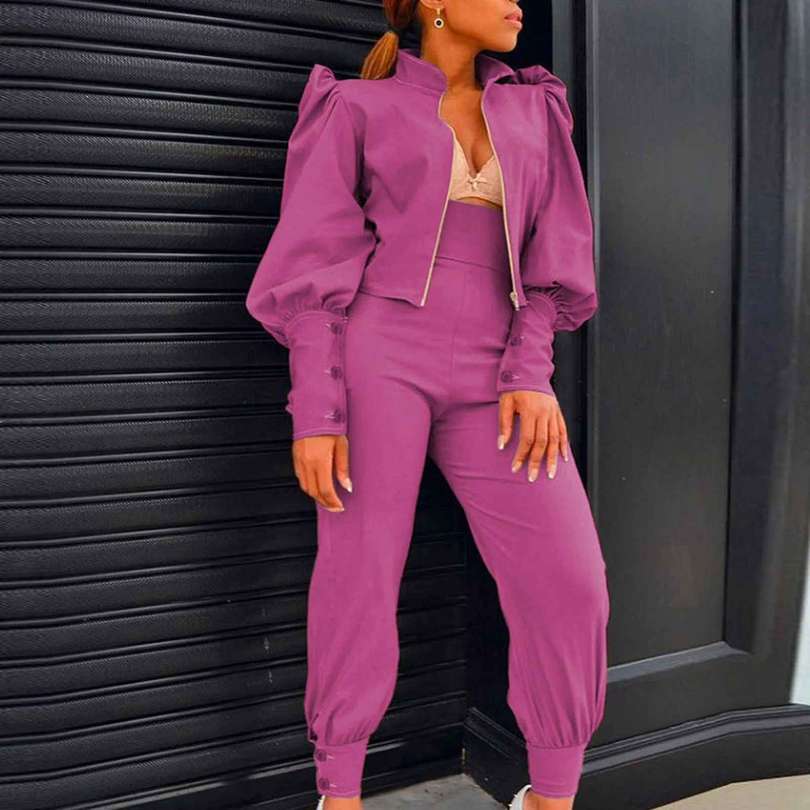 Two Piece Set Personality Design Solid Color Bubble Sleeve Zipper High Waist Pants Coat Women Fashion Long Sleeve Pants Suits
Two Piece Set Personality Design Solid Color Bubble Sleeve Zipper High Waist Pants Coat Women Fashion Long Sleeve Pants Suits