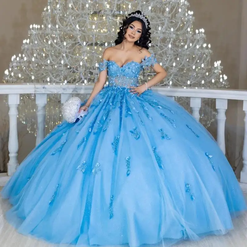 

Sky Blue Shiny Princess Quinceanera Dresses 2024 floral Appliques Lace-up Corset Off Shoulder Prom Vestidos De 15 Años