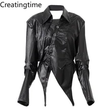 

Creatingtime 2022 Spring New Fashion Tide Women's Black Lapel Asymmetric Loose Chic Motorcycle Handsome PU Leather Jacket GA317