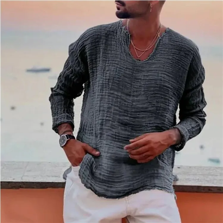 

Мужская Повседневная рубашка с длинным рукавом, однотонная винтажная плиссированная рваная футболка с круглым вырезом, Свободный Мужской пуловер, одежда для весны и лета, 2024