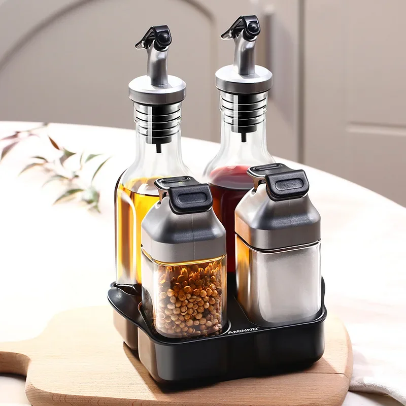 

Glass Seasoning Jar Spice Salt Pepper Bottles Leakproof soy sauce vinegar Olive Oil Bottle with Holder Base for Kitchen Storage