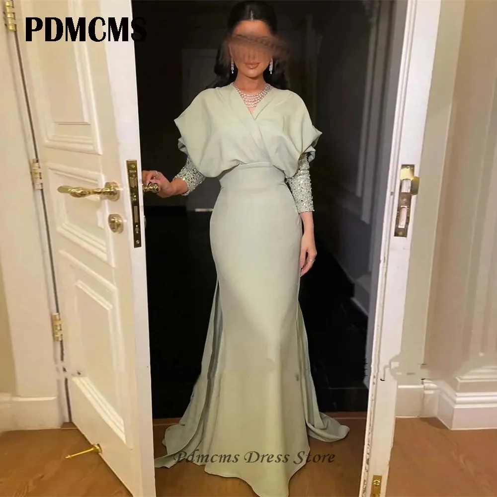 

PDMCMS Mermaid Evening Dresses Sequins Saudi Arabic Long Sleeve Pleats Satin Long Celebrate Event Dress Dubai Prom Party Gowns