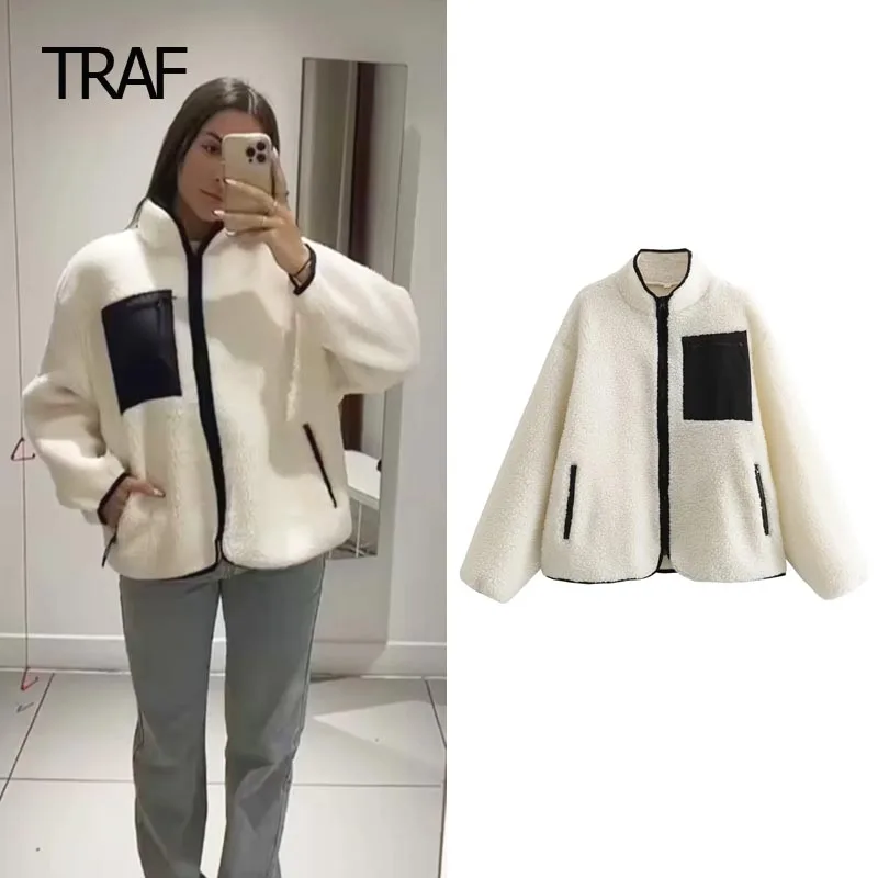 

TRAF Teddy Plush Jacket Women's Jacket Autumn Winter Fluffy Long Sleeve Jackets New In Outwear Demi-Season Warm Coats For Women