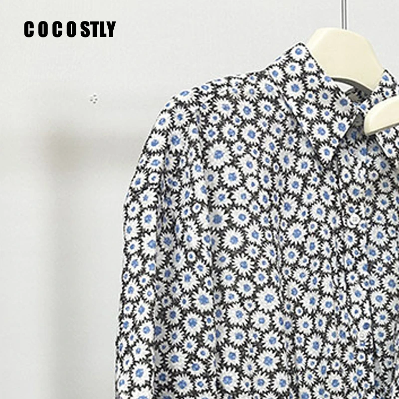 

COCOSTLY Women Daisy Print Shirt Dress Turn-Down Collar Elastic Waist Long Sleeve Female A-Line Ruffles Mini Robe Summer