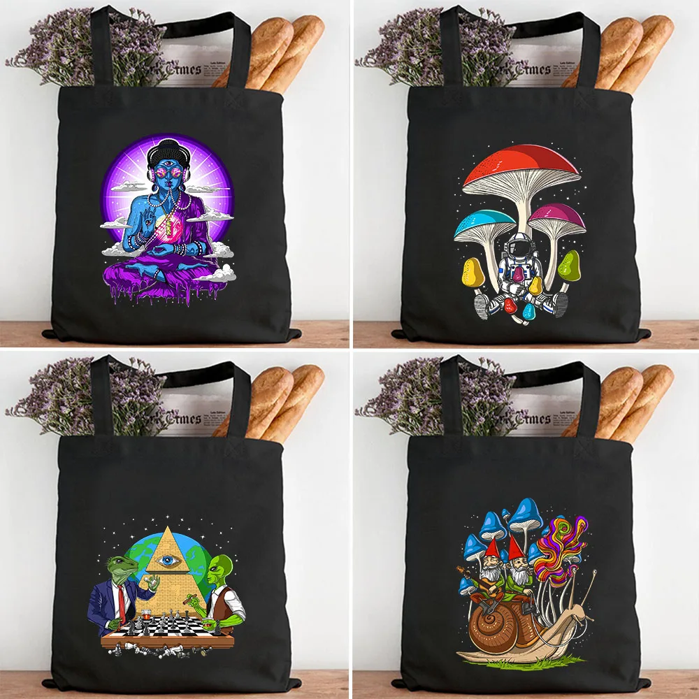 

Funny Alien Space Astronaut Mushrooms Skull Forest Magic Psychedelic Rabbit Women Shopper Canvas Tote Bag Girl Shoulder Handbags