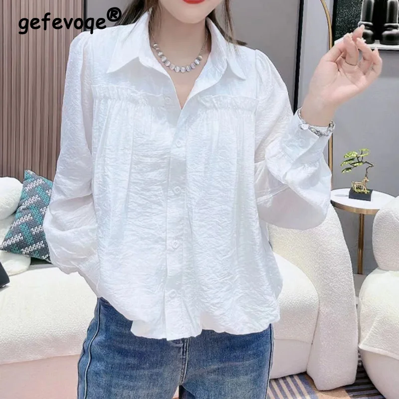 

Корейская версия модной белой рубашки с деревянными ушками для женщин, новинка осень 2023, блузка свободного кроя со складками и длинными рукавами